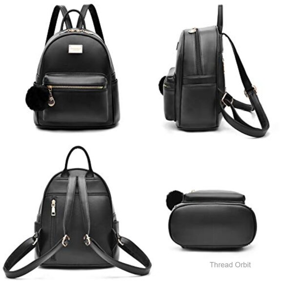 Mini Vegan Leather Backpack Purse with Pompom, Adjustable Straps, 4 Pockets